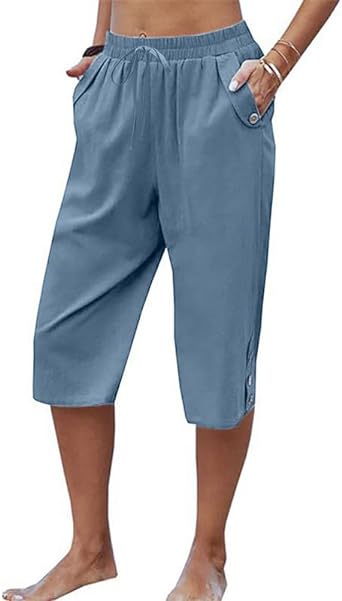 Womens Casual Capri Pants Elastic Waist Solid Color 3/4 Wide Leg Summer Trousers with Pockets