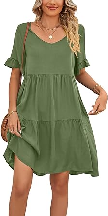 Women Summer V Neck Dress Casual Cotton Ruffle Sleeve A-Line Sundress Flowy Tiered Mini Beach Dress with Pockets