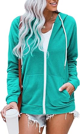 WROLEM Women Casual Full Zip Up Hoodie Comfy Loose Long Sleeve Sweatshirt Solid Color Jacket with Pockets