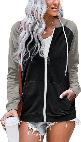 WROLEM Women Casual Full Zip Hoodie Comfortable Loose Long Sleeve Sweatshirt Jacket With Pockets