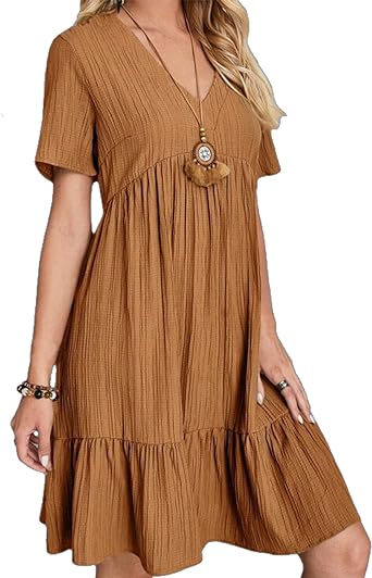 Women's Summer Dresses Casual Midi Swing Short Sleeve V Neck Tiered A Line Flowy Beach Dress Sundress 2024