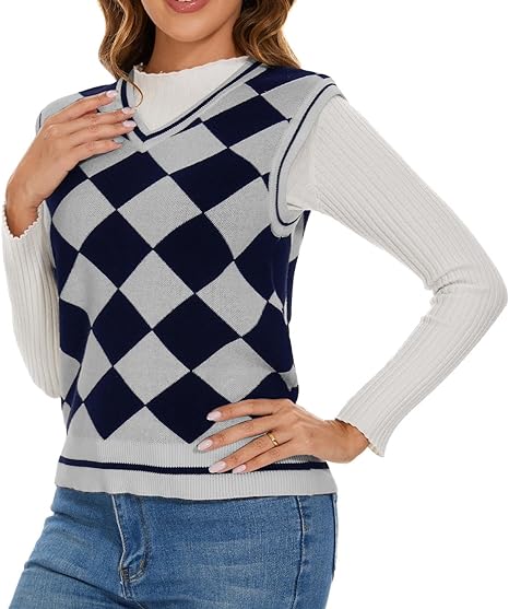 Women's Argyle Vest Casual V Neck Sleeveless Knit Vest Loose Preppy Style Plaid Crop Sweater Tank