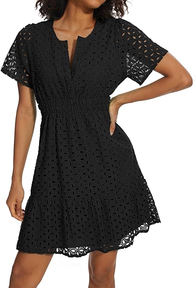 Women Summer Eyelet Lace Dress Casual V Neck Mini A Line Hollow Out Embroidered Formal Dress Sundresses